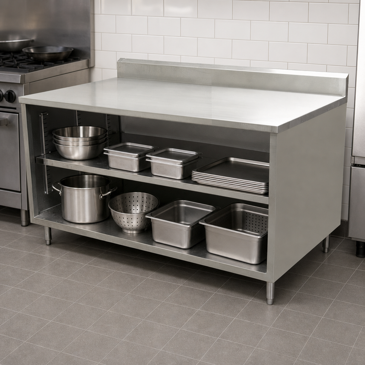 Product image #4 for BK Resources Open Front Chef Table Cabinet Base with 5-Inch Back Riser, 60 x 36 Inches
