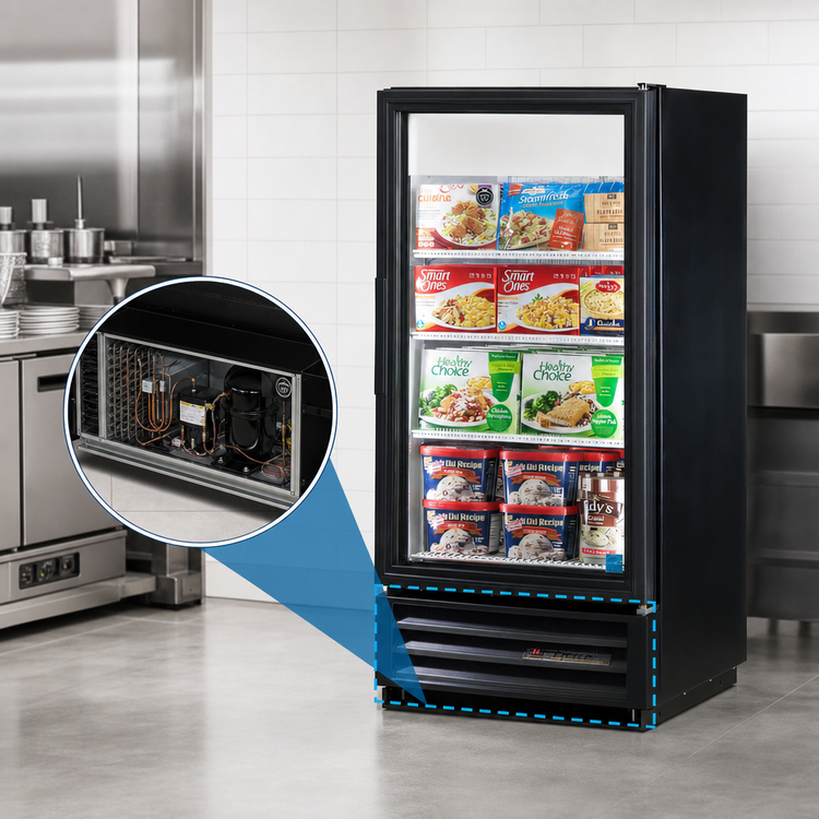 Product image #4 for True One-Section Glass Door Freezer Merchandiser, -10°F, Hinged Door, Bottom-Mount, 3 Shelves