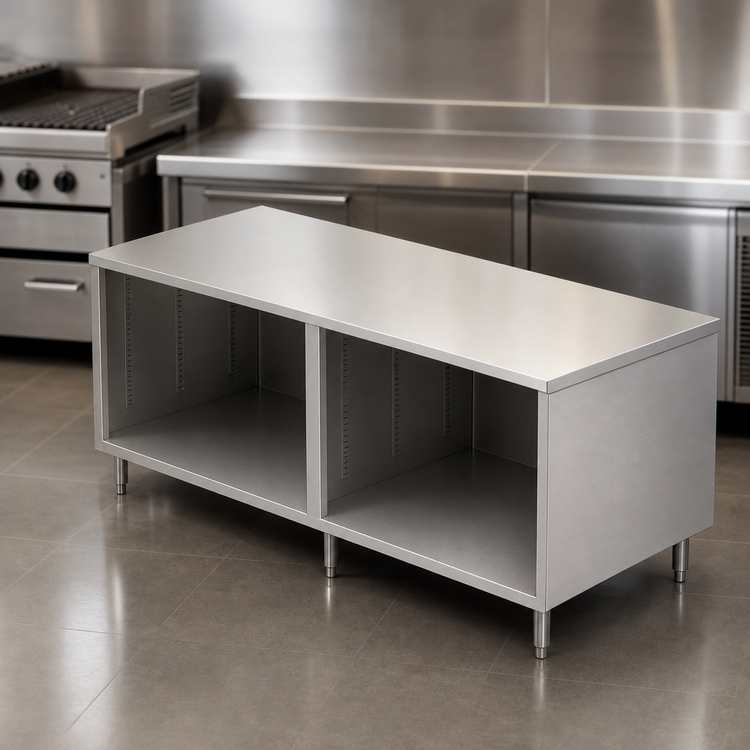 Product image #4 for BK Resources 96 x 36 Inch Stainless Steel Chef Table with Open Front Cabinet Base