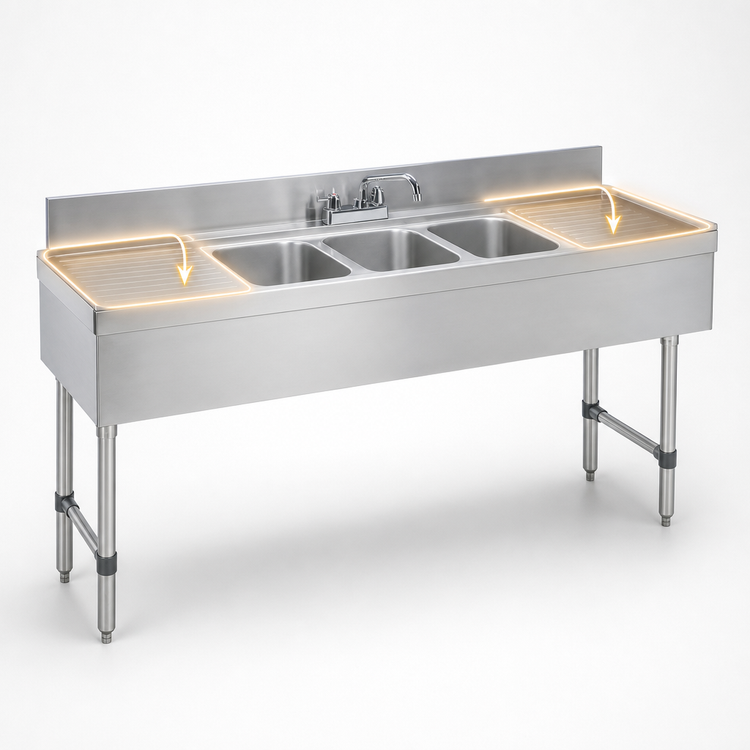 Product image #4 for Advance Tabco Underbar Basics 84-Inch 3-Compartment Stainless Steel Underbar Sink Unit with Left and Right Drainboards and Faucet
