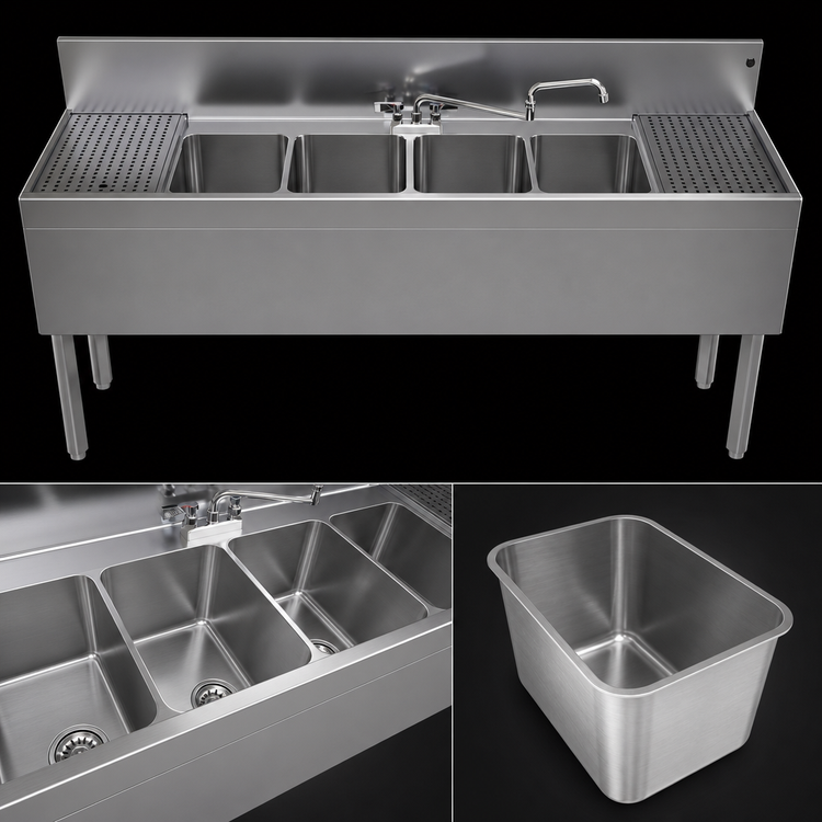 Product image #4 for Glastender Four-Compartment Underbar Sink Unit with Left and Right Drainboards, 72 x 24 Inches, Stainless Steel