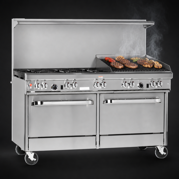 Product image #4 for Southbend Ultimate 60-Inch Gas Restaurant Range with 6 Open Burners, 24-Inch Charbroiler, Standard Oven, and Cabinet Base
