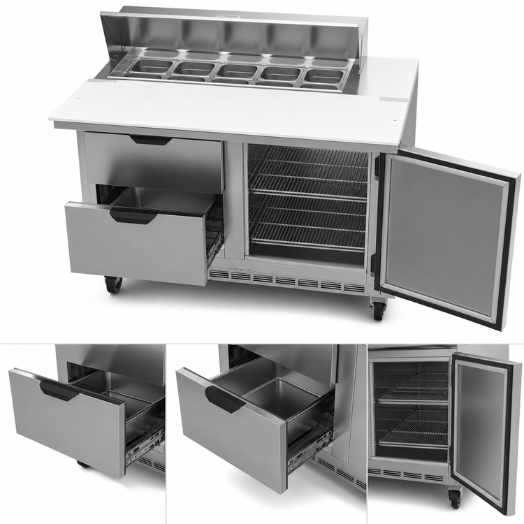 Product image #5 for Beverage-Air 48-Inch Two-Section Sandwich Top Refrigerated Prep Table with 10-Pan Rail, 1 Door, and 2 Drawers
