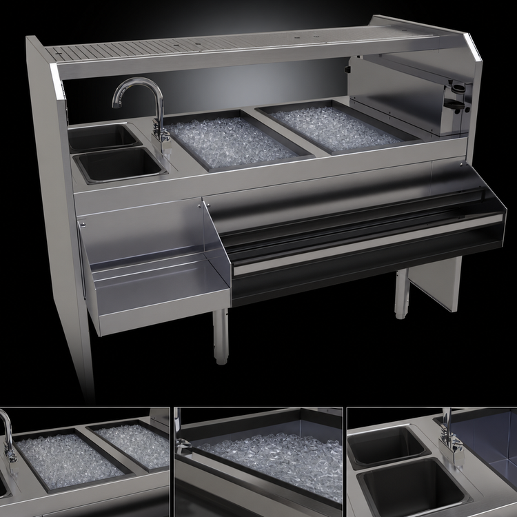 Product image #4 for Glastender 60-Inch Left-Workflow Assembly Pass-Thru Cocktail Station with 2 Ice Bins and 2 Wet Waste Sinks