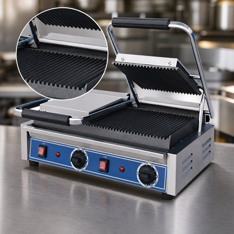 Product image #4 for Globe Double Countertop Electric Bistro Panini Grill with Grooved Cast Iron Plates