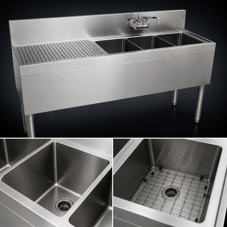 Product image #4 for Glastender Three-Compartment Stainless Steel Underbar Sink Unit with Left Drainboard, 60W x 19D