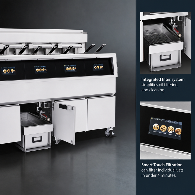 Product image #4 for Henny Penny F5 4-Well Electric Open Fryer with Built-In Filtration and 30 lb Vats