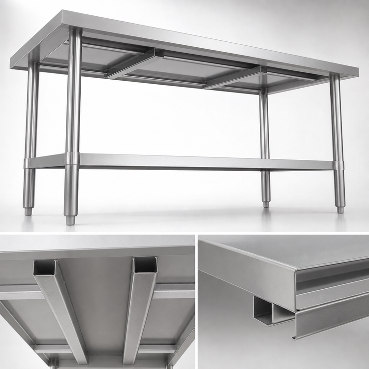 Product image #4 for Klinger's Trading SG2484 Heavy Duty 84 Inch x 24 Inch Flat Top Stainless Steel Work Table with Galvanized Base and Adjustable Undershelf