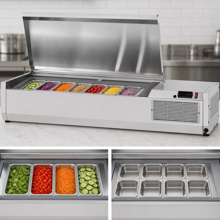 Product image #5 for Turbo Air E-Line 47-1/4 Inch Countertop Refrigerated Salad Table, Side-Mounted Self-Contained, 8-Pan Capacity