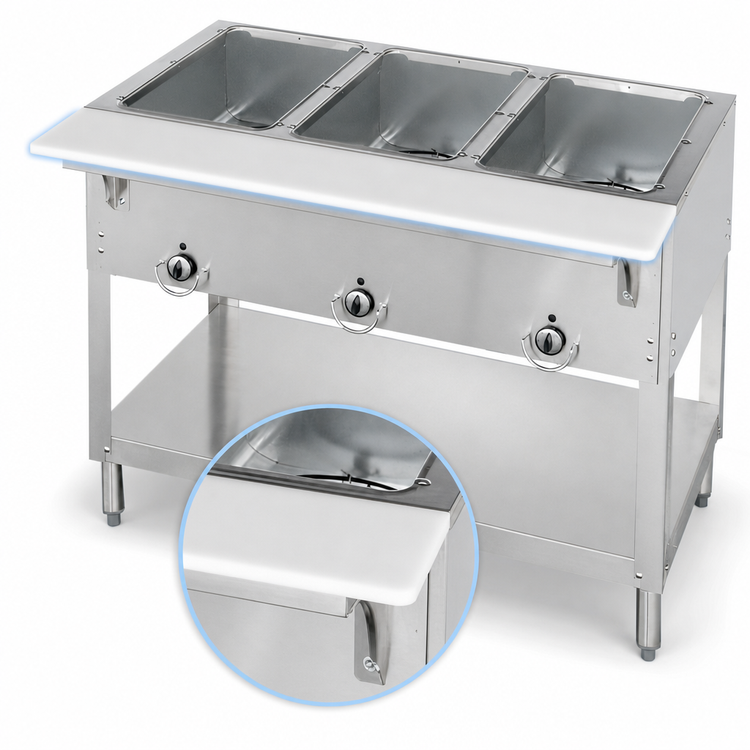 Product image #4 for Aerohot E303 Electric 3-Well Hot Food Station with Stainless Steel Open Shelf Base and Carving Board