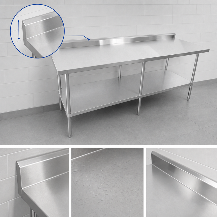 Product image #4 for Sapphire 84-Inch x 30-Inch Stainless Steel Work Table with 5-Inch Backsplash, Beveled Square Edge and Adjustable Undershelf