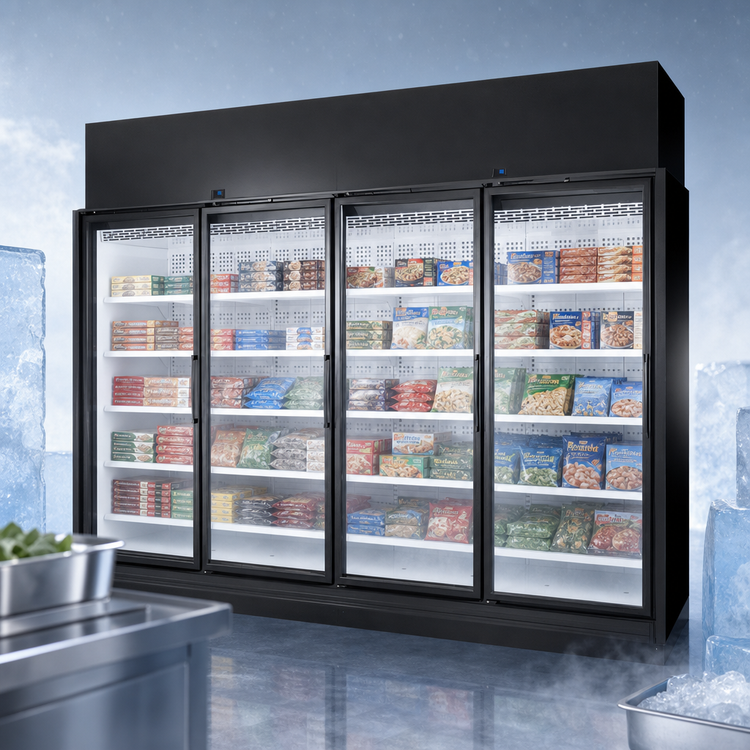 Product image #4 for True TRM4L 4-Section Low Temp Glass Door Freezer Merchandiser, Black Exterior/White Interior, YY End Panels