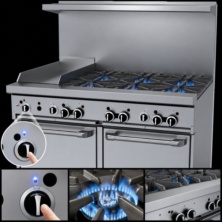 Product image #4 for Garland Starfire Pro 48-Inch Commercial Gas Restaurant Range with 6 Open Burners, 12-Inch Thermostatic Griddle, and 2 Space Saver Ovens
