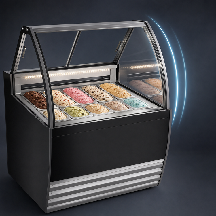 Product image #4 for Omcan 41-Inch Black 7-Pan Gelato Display Showcase with Curved Glass, LED Lighting, and Sliding Rear Doors