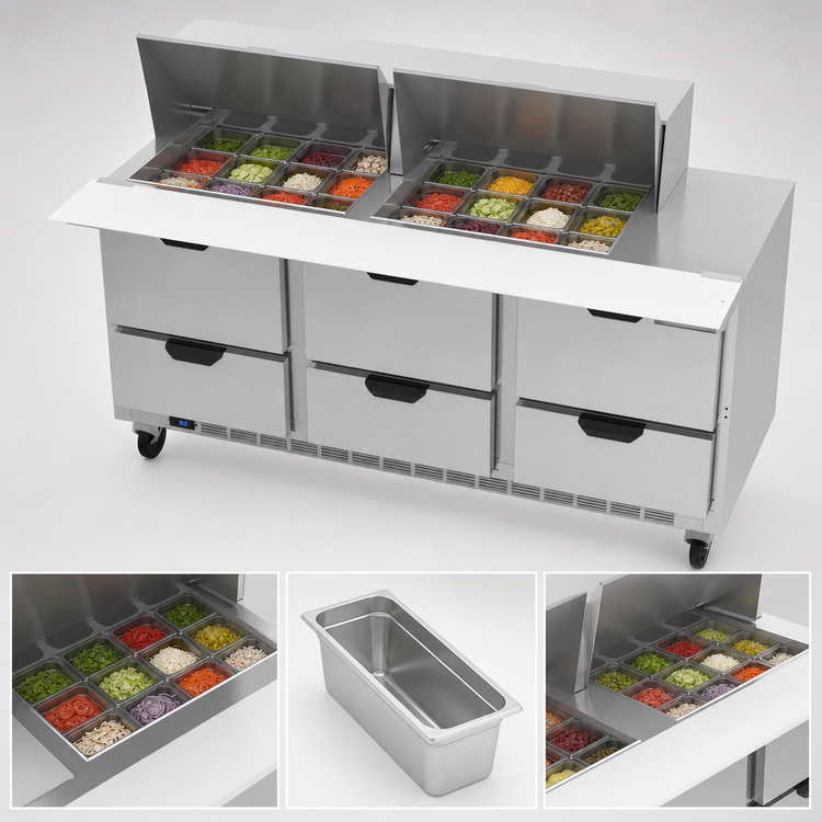 Product image #5 for Beverage Air 72-Inch Three-Section Mega Top Refrigerated Prep Table with 6 Drawers and 24-Pan Top