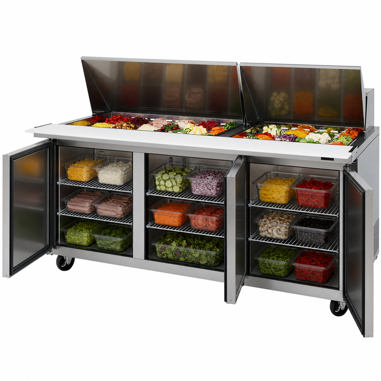 Product image #4 for Super Deluxe Three-Section Sandwich/Salad Mega Top Refrigerated Prep Table with 30-Pan Opening, 72-5/8-Inch Wide