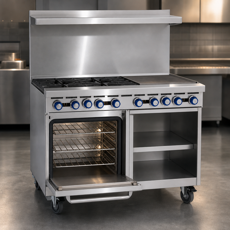 Product image #4 for Imperial Pro Series 48-Inch Gas Restaurant Range with 48-Inch Griddle, Standard Oven, Open Cabinet Base, and Hi-Shelf Backriser