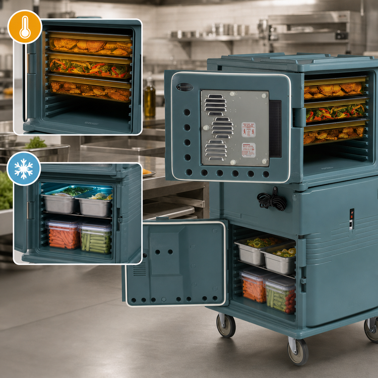 Product image #5 for Cambro Ultra Camcart H-Series 2-Compartment Front-Loading Heated Food Pan Carrier, Top Heated Door Only, Heavy-Duty Casters, Slate Blue