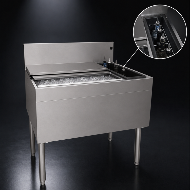 Product image #4 for Glastender 30-Inch Underbar Combo Ice Bin/Cocktail Unit with 10-Circuit Cold Plate and Right-Side 4-Bottle Storage