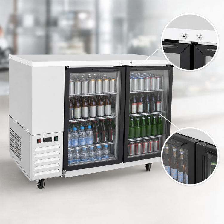 Product image #4 for Atosa Two-Section Shallow-Depth Back Bar Cooler with Locking Glass Doors, 15 Cu. Ft., Self-Contained Side-Mount Refrigeration