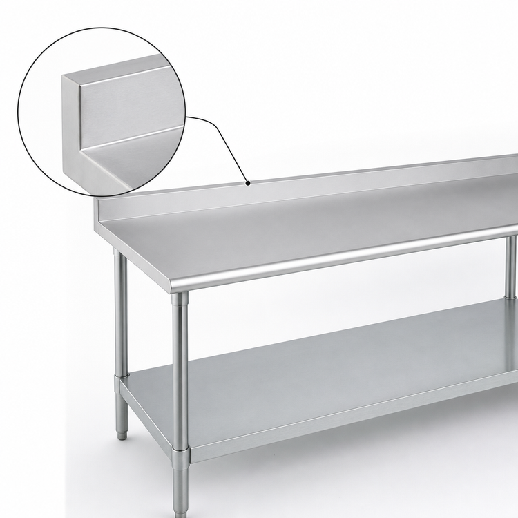 Product image #4 for Duke 144" x 36" 14-Gauge 300-Series Stainless Steel Work Table with 1-1/8" Straight Riser and Galvanized Undershelf