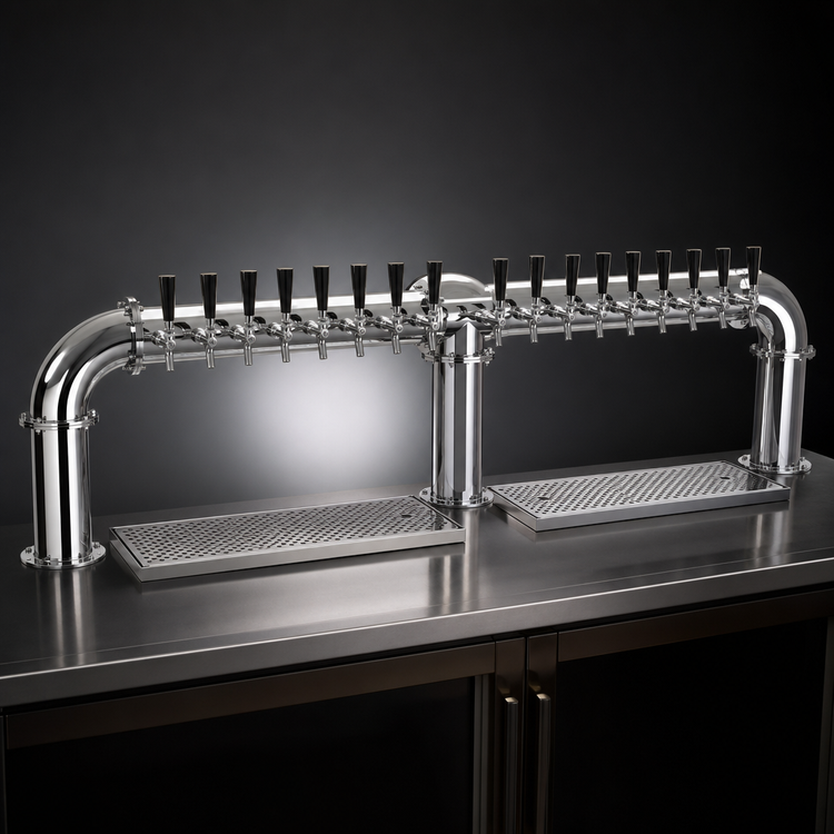 Product image #4 for Glastender Pipe Bridge Draft Dispensing Tower, Countertop, 16 Faucets, Three-Column, Glycol-Cooled, Mirror Finish