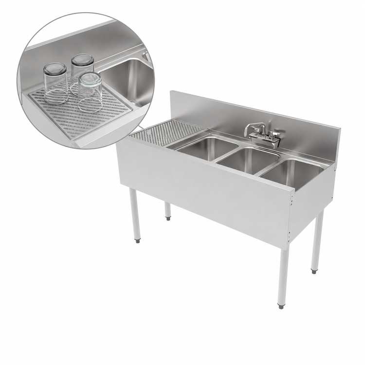 Product image #5 for Top Shelf TS Series 48-Inch Three-Compartment Stainless Steel Underbar Sink Unit with Left Drainboard