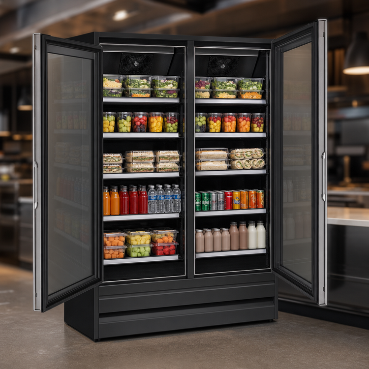 Product image #5 for Howard-McCray Two-Section Glass Door Reach-In Refrigerator Merchandiser, Bottom Mount, 48 Cu. Ft., Black