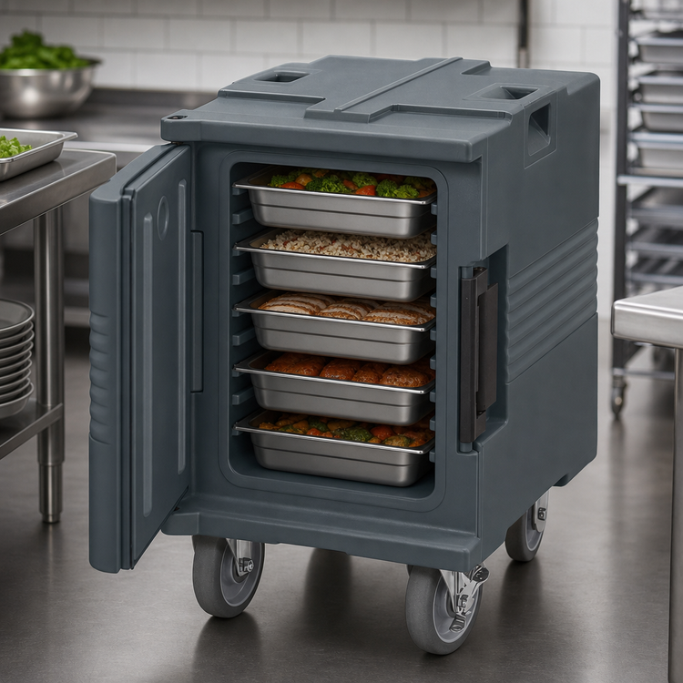 Product image #5 for Cambro Ultra Pan Carrier Heated Front-Loading Insulated Food Pan Carrier with Casters, 110V, Granite Gray
