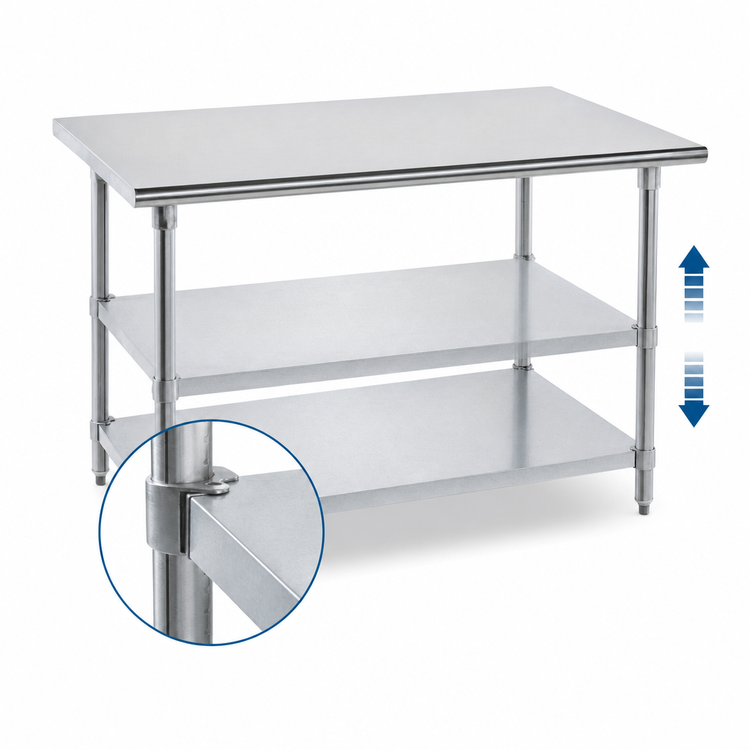Product image #4 for Advance Tabco 108"W x 24"D Flat Top Work Table with Adjustable Undershelf, 430 Stainless Steel Top, Galvanized Base