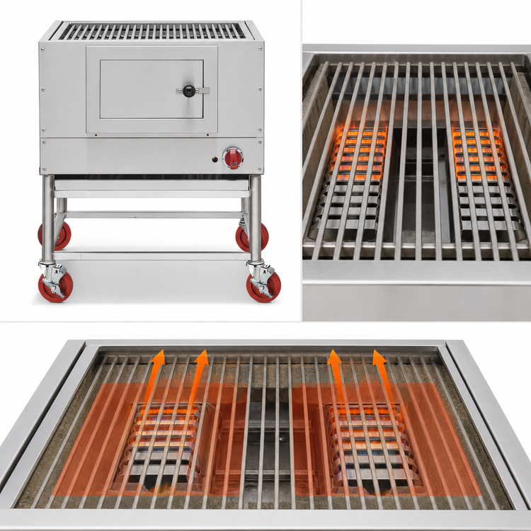 Product image #4 for American Range 60-Inch Wood or Charcoal Floor Model Broiler with 2 Burners, Gas Log Lighter, and Round Rod Grates