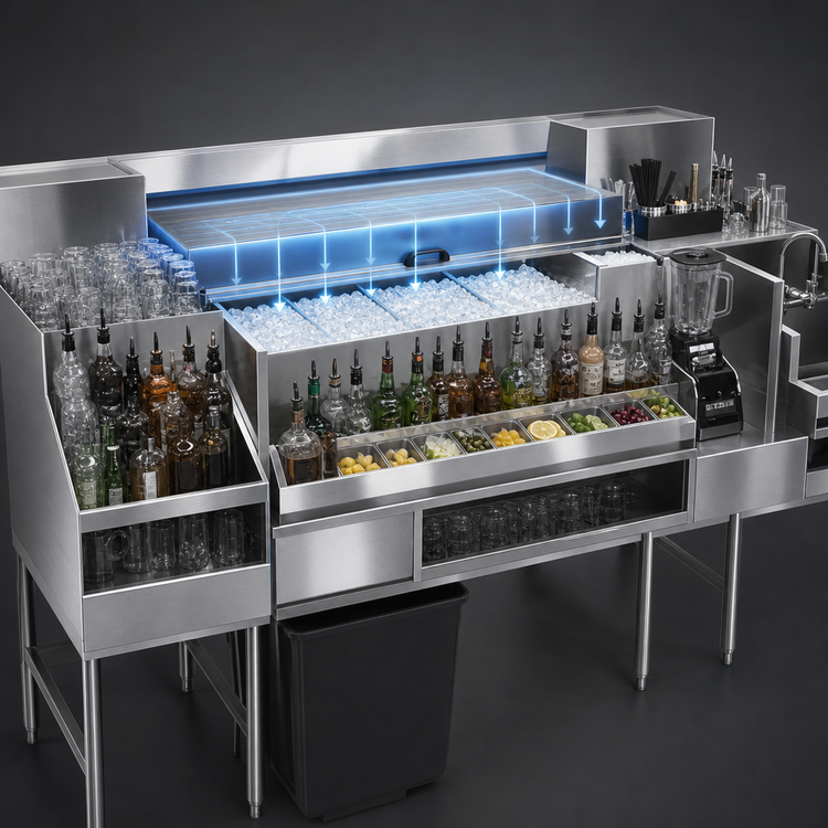 Product image #4 for Glastender 66-Inch All-In-One Underbar Ice Bin/Cocktail Station with 42-Inch Combo Ice Bin, 10-Circuit Cold Plate, Sink, and Blender Shelf