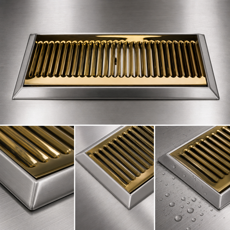 Product image #4 for Surface Mount Stainless Steel Drip Tray Trough with Louvered PVD Brass Screen, 16 x 6-1/2 Inch