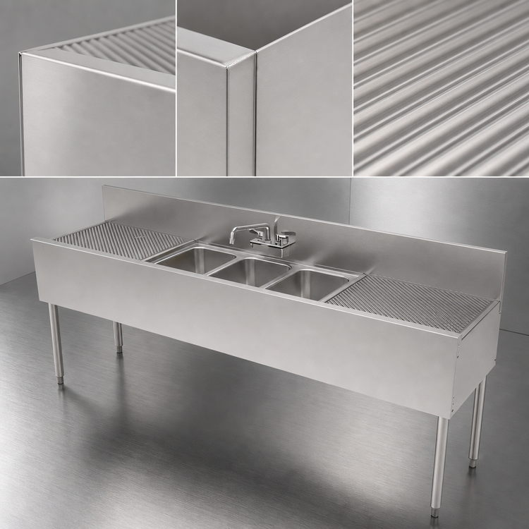 Product image #5 for Top Shelf TS Series 84-Inch Three-Compartment Stainless Steel Underbar Sink with Dual Drainboards