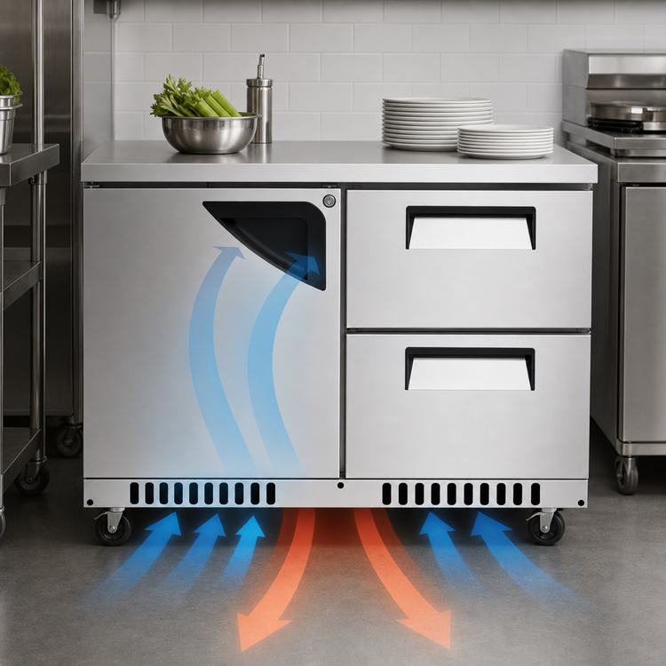 Product image #5 for Turbo Air Super Deluxe Series 48-1/4-Inch Two-Section Undercounter Refrigerator with 1 Door and 2 Drawers, Front Breathing, 11.1 Cu. Ft.