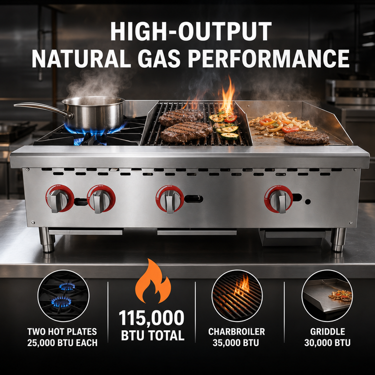 Product image #4 for Omcan 36-Inch Countertop Natural Gas Hot Plate, Charbroiler, and Griddle Combo