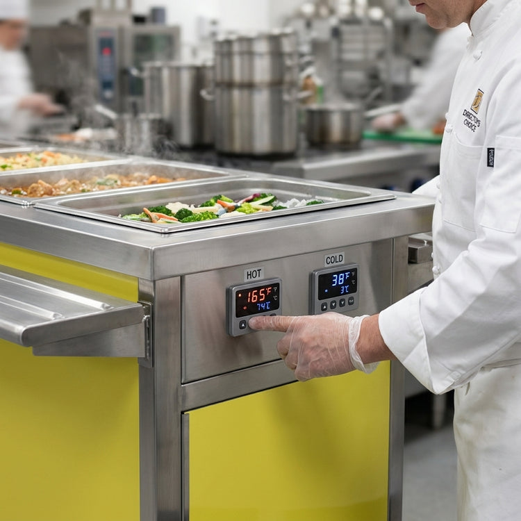 Product image #3 for Director's Choice DCS3-HCFU-A Mobile Hot/Cold Dual Operation Food Table, 50"W with (3) Wells