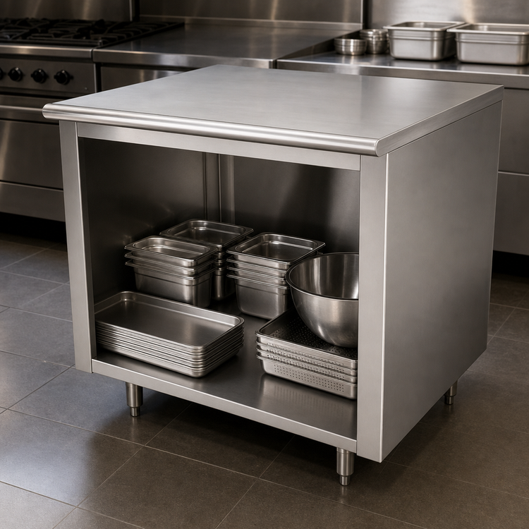 Product image #4 for Advance Tabco 144" x 24" Open Front Cabinet Base Stainless Steel Work Table with 14-Gauge 304 Top