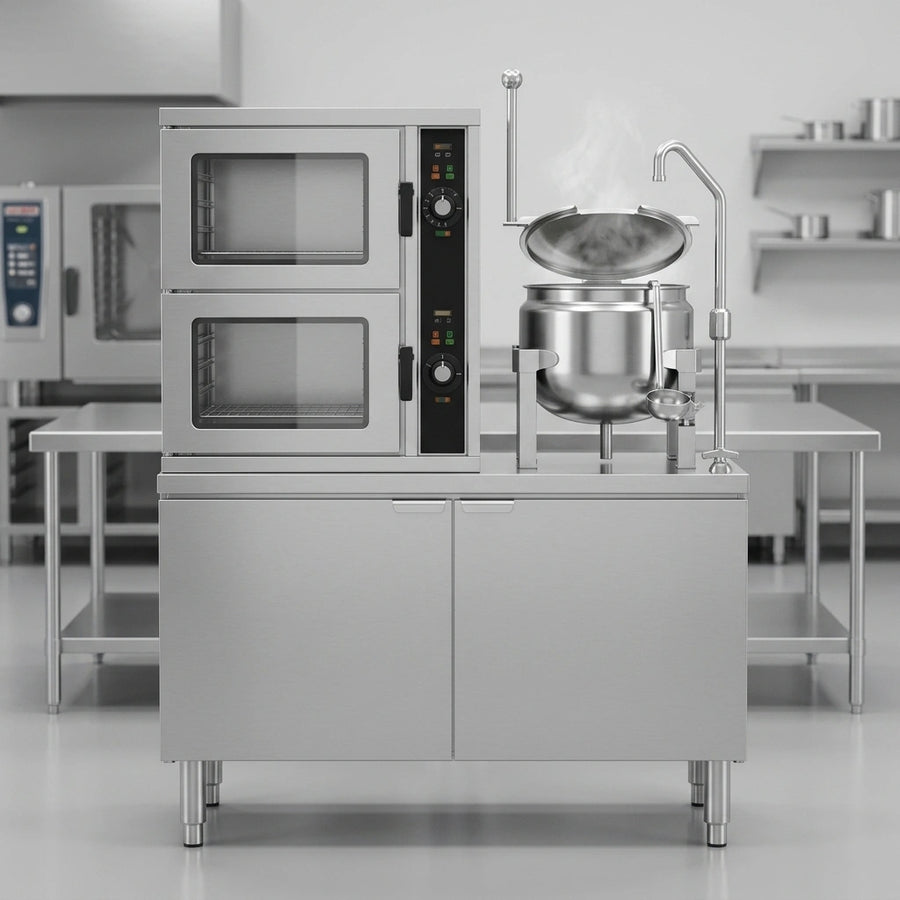 Experience enhanced kitchen efficiency with the steamer's built-in 10-gallon kettle, ideal for all your liquid heating needs.