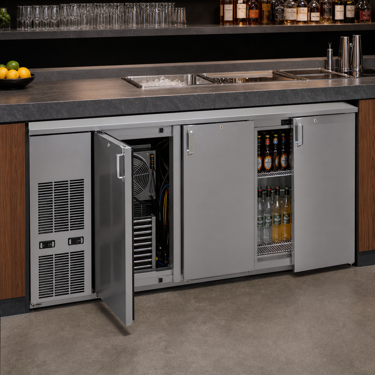 Product image #4 for Glastender C2FB72 Two-Zone Front-Serviced Bar Profile Back Bar Cooler with Stainless Steel Top, 72 Inch, 3-Section