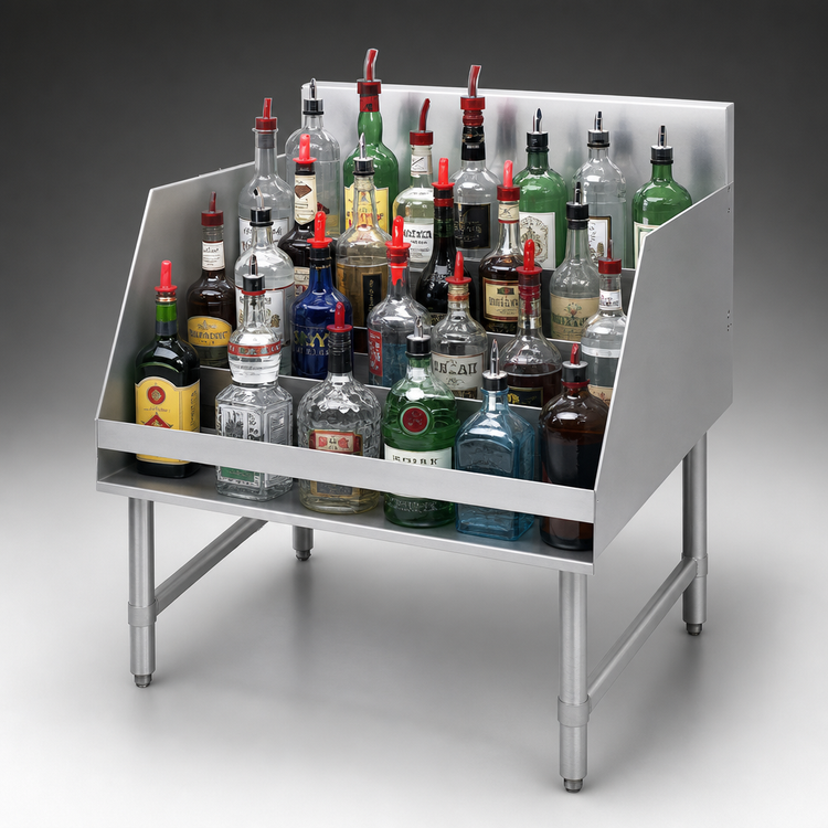 Product image #5 for Advance Tabco 24 Inch 5-Step Freestanding Stainless Steel Liquor Bottle Display Unit with 4 Inch Backsplash