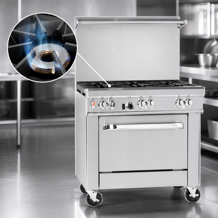 Product image #4 for Ultimate 36-Inch Commercial Gas Restaurant Range with 6 Open Burners, Cabinet Base, and Hi-Shelf Backriser