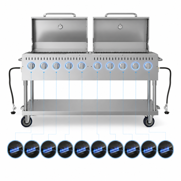 Product image #4 for KoolMore 72-Inch Mobile 10-Burner Commercial Outdoor Propane Grill with Two 36-Inch Roll Dome Covers