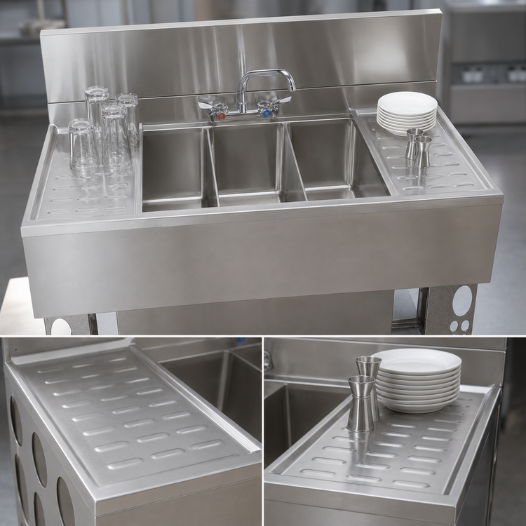 Product image #5 for Slim-Line Three-Compartment Underbar Sink with Dual Drainboards, 60-Inch Wide
