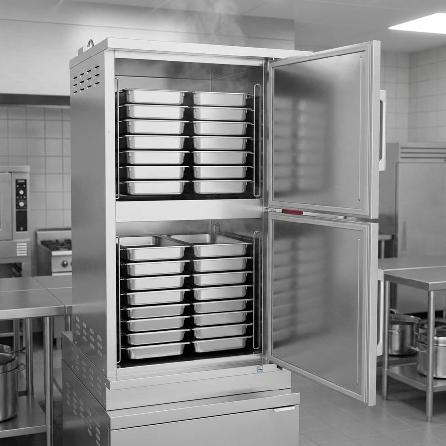 Experience high-volume efficiency with this steamer's impressive capacity for sixteen full-size steam pans.