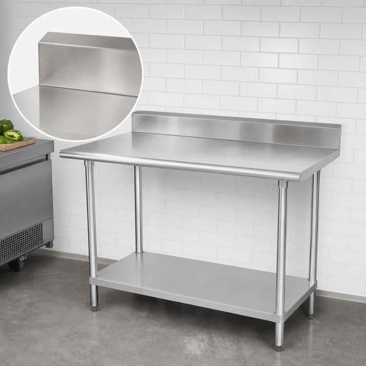 Product image #4 for Advance Tabco Special Value 84-Inch x 30-Inch Heavy Duty 304 Stainless Steel Work Table with 5-Inch Backsplash and Adjustable Undershelf