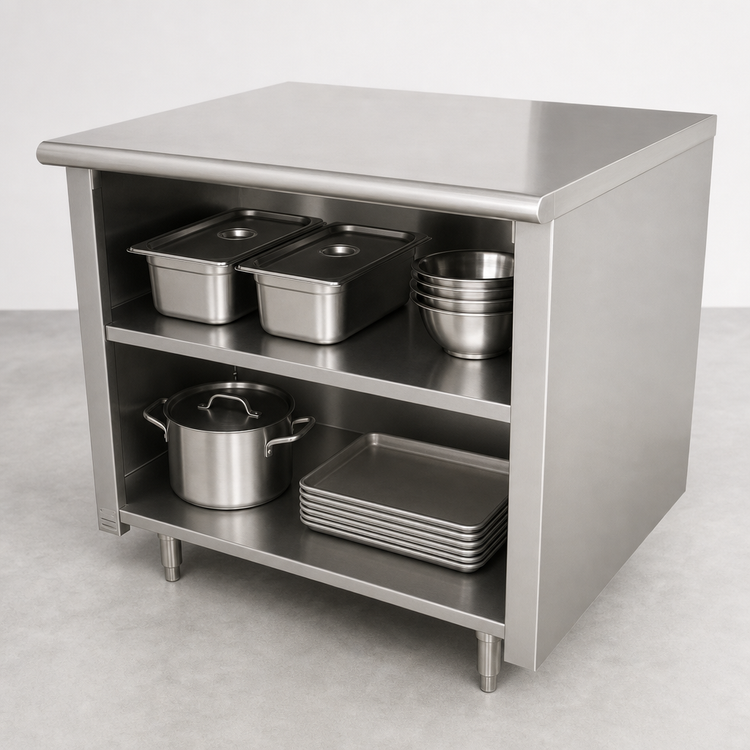Product image #4 for Advance Tabco Special Value Series 72"W x 30"D Economy Open Front Base Work Table with Mid-Shelf, 16 Gauge 304 Stainless Steel Top