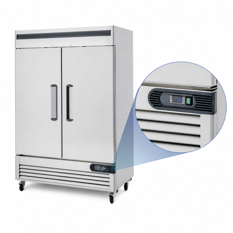 Product image #4 for Migali Competitor Series® Two-Section Reach-In Refrigerator with Solid Hinged Locking Doors, 49 Cu. Ft., Bottom-Mount Self-Contained, Stainless Steel