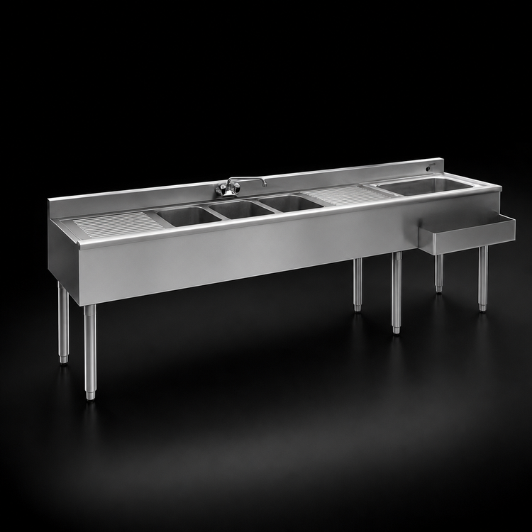 Product image #4 for Eagle Group 1800 Series 120-Inch Underbar Combination Unit with 3 Sink Bowls, 2 Drainboards, and Right Ice Bin