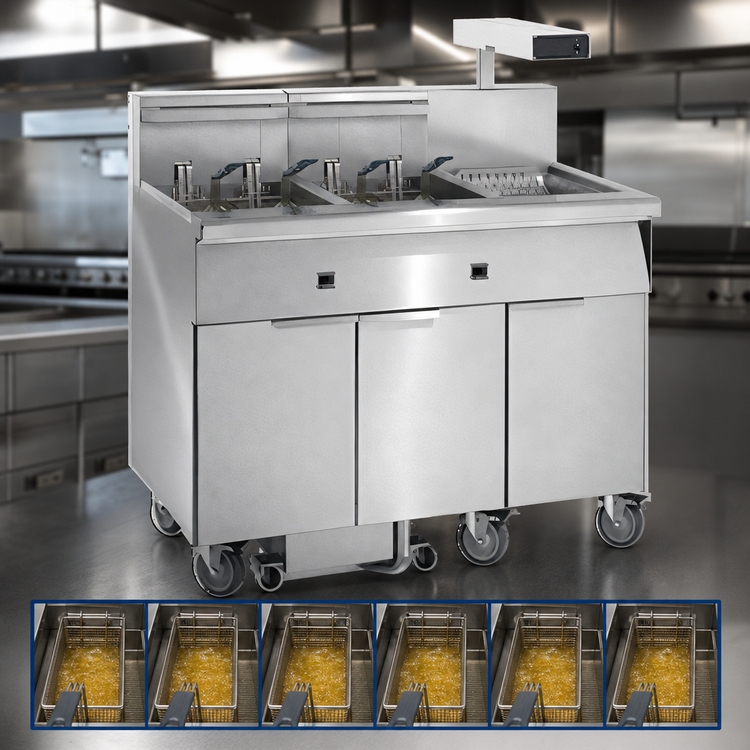 Product image #4 for Imperial Electric Floor Model 6-Tank Battery Fryer with Built-In Filter System and Dump Station, 75 lb. Per Tank
